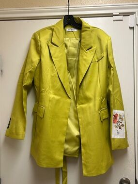 Uoozee Lime Green Satin Blazer with Floral Cuff Detail